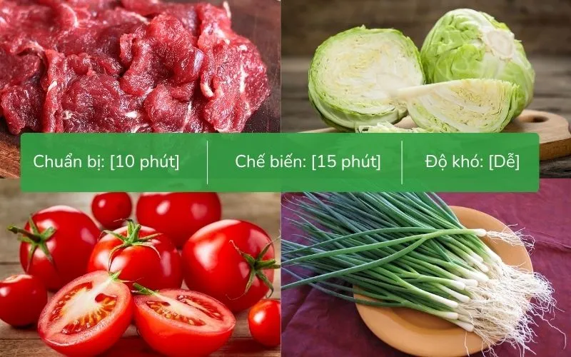 Nguyên liệu món canh gồm thịt bò, bắp cải, cà chua và gia vị