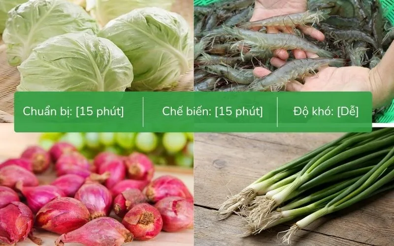 Tôm tươi, bắp cải và các nguyên liệu được chuẩn bị sẵn sàng