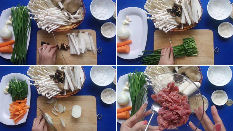 Thịt bò và các loại nấm được sơ chế sạch sẽ, sẵn sàng cho bước nấu canh