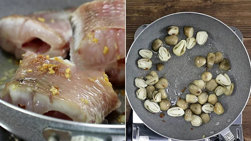 Chiên sơ miếng cá lóc trên chảo để giữ độ săn và khử mùi tanh