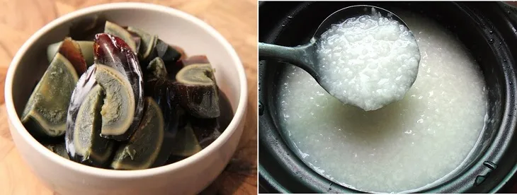 Thêm thịt băm và trứng bắc thảo vào nồi cháo