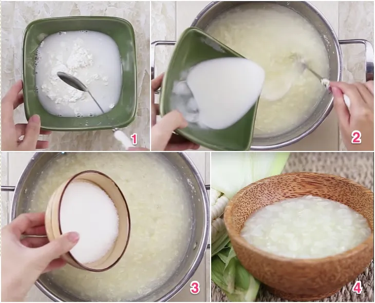 Hình ảnh nồi chè đang được tạo độ dẻo sánh bằng bột bắp