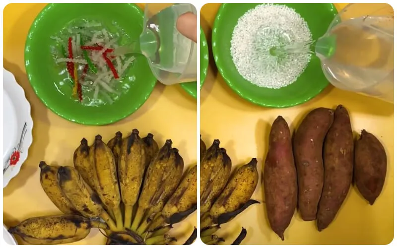 Quá trình ngâm bột báng và bột khoai trong nước để chuẩn bị nấu chè
