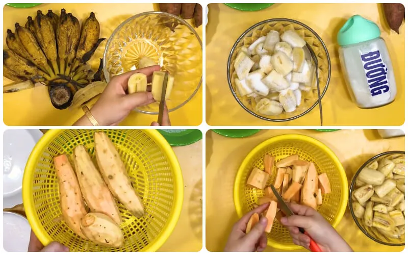 Chuối sứ và khoai lang được sơ chế sạch sẽ và cắt miếng vừa ăn