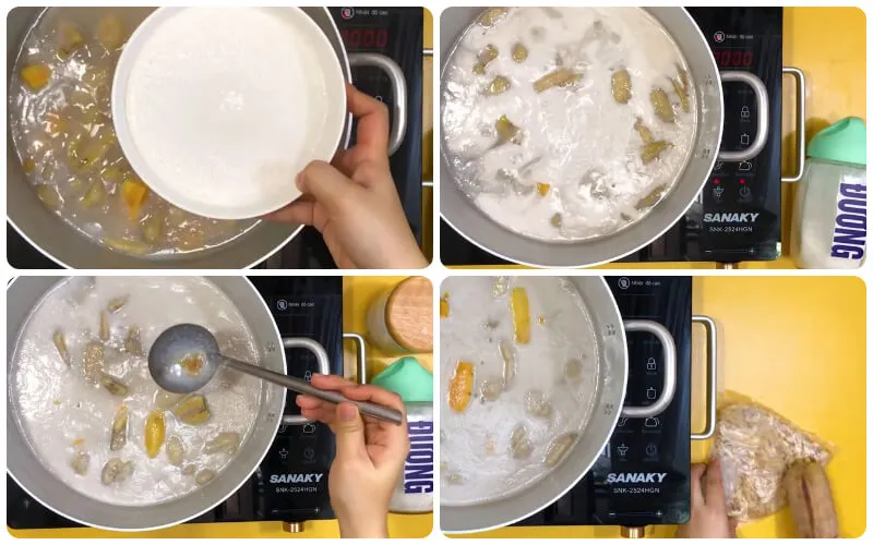 Bột báng và bột khoai được thêm vào nồi chè để tạo độ sánh và dai ngon