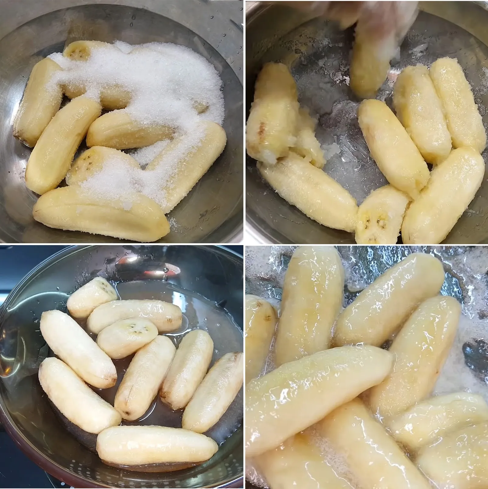 Chuối đang được xào nhẹ với đường và rượu gạo trên lửa nhỏ