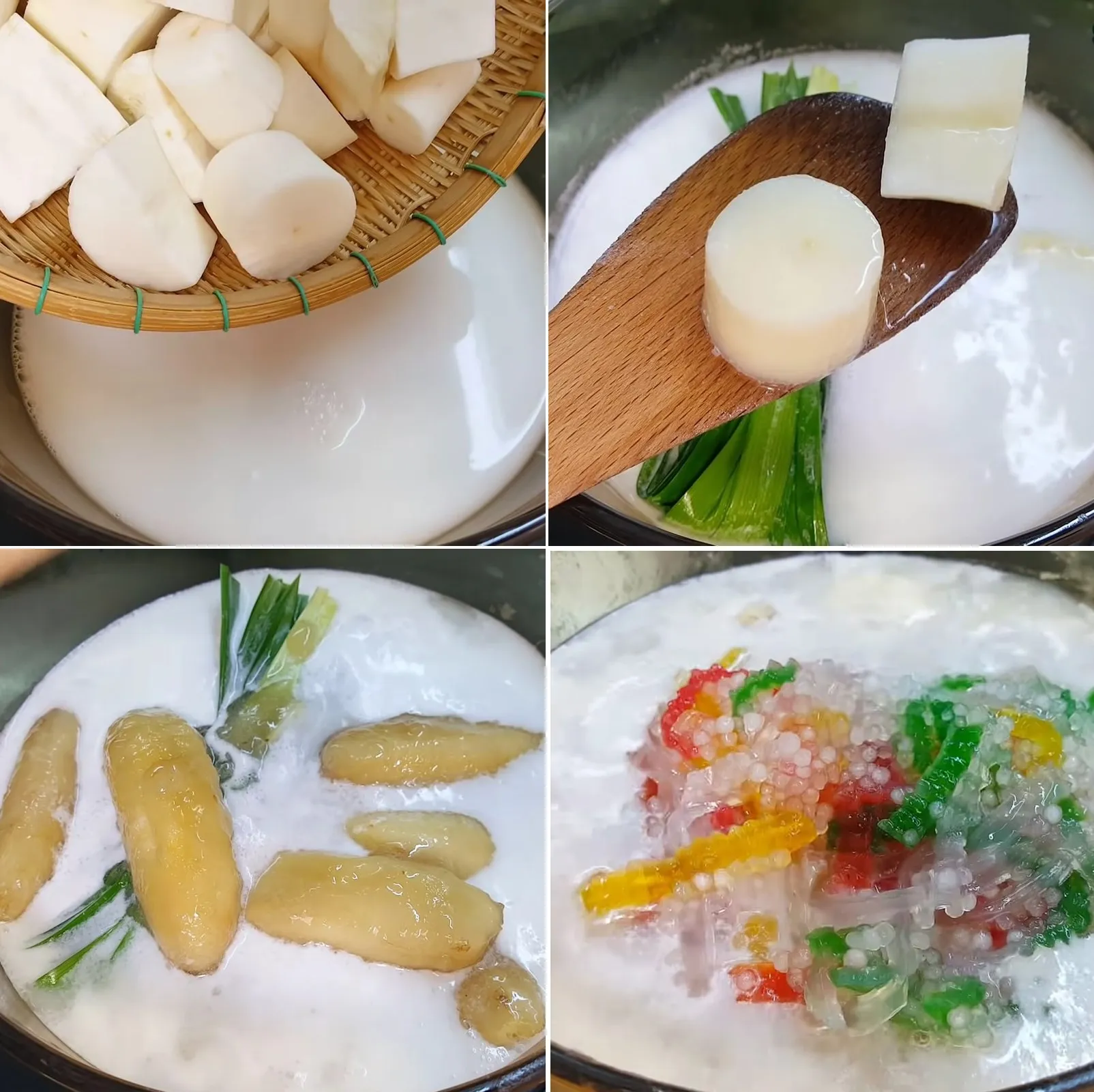 Nồi chè chuối khoai mì đang được nấu với nước cốt dừa và lá dứa