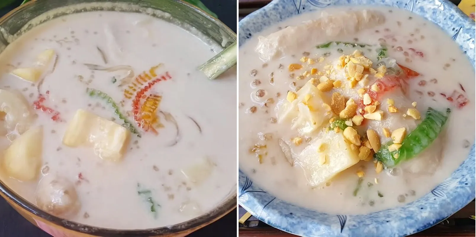 Chè chuối khoai mì sau khi hoàn thành, rắc đậu phộng rang