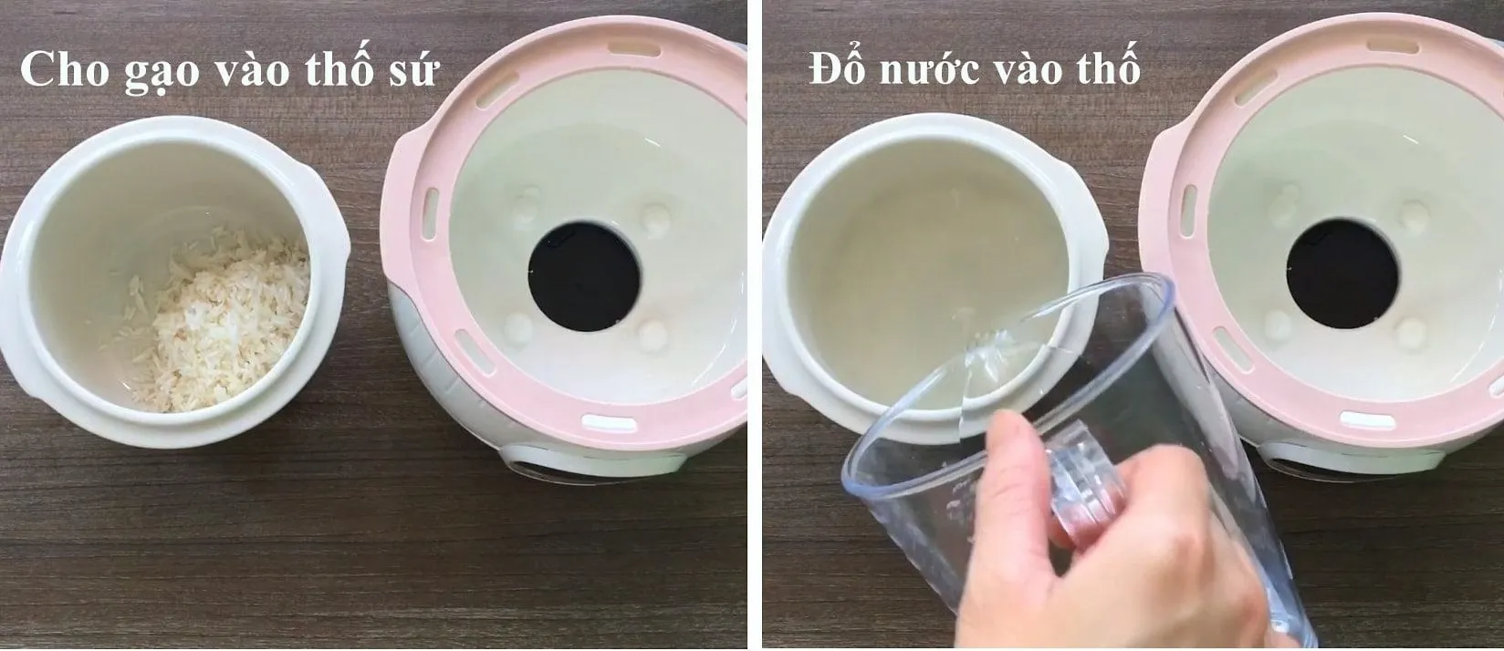 Cho gạo và nước vào thố sứ của nồi nấu chậm Bear