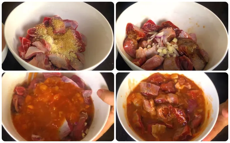 Ướp thịt bò với gia vị và sốt cà chua