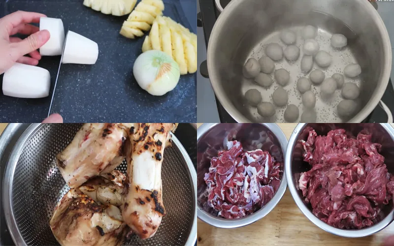 Sơ chế các nguyên liệu thịt bò, gân bò và rau thơm chuẩn bị nấu lẩu