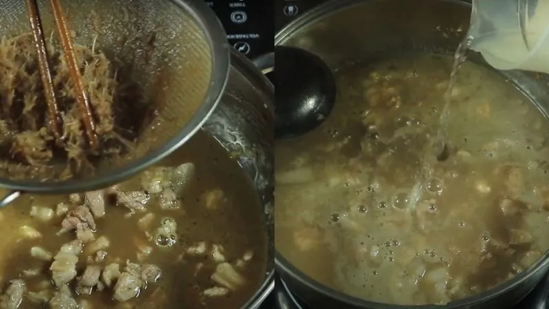 Lọc nước mắm vào nồi thịt ba chỉ