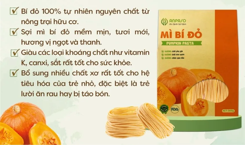 Mì ăn dặm vị bí đỏ Organic thơm ngon cho bé tập ăn