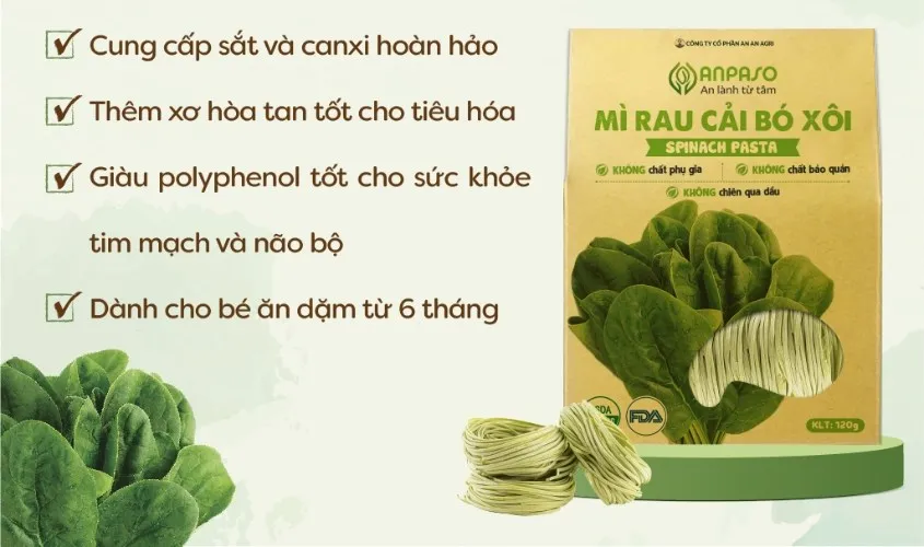 Mì ăn dặm cải bó xôi Anpaso cung cấp chất xơ tự nhiên cho bé