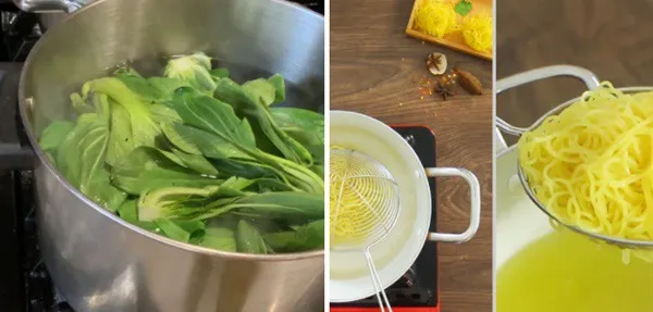 Trụng mì trứng và rau ăn kèm mì vịt tiềm vịt quay