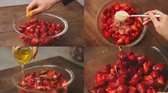 Nguyên liệu chính cho món mứt dâu tây gồm dâu, đường và chanh