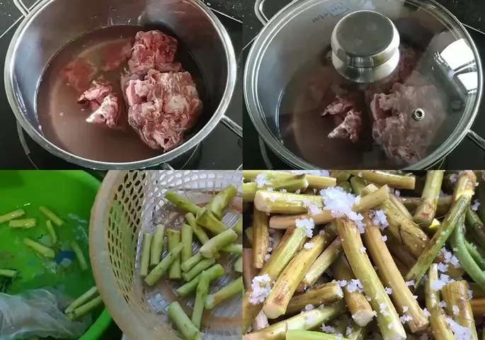 Cận cảnh quá trình sơ chế ngó khoai với muối và chanh