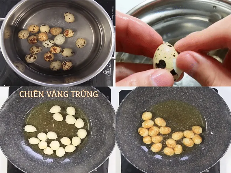 Trứng cút chiên vàng cánh gián trước khi cho vào nồi thịt kho tàu