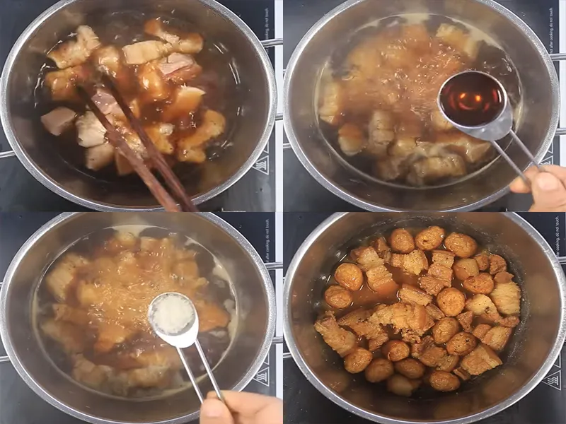 Nồi thịt kho tàu đang được ninh nhừ trên bếp, màu sắc đậm đà hấp dẫn