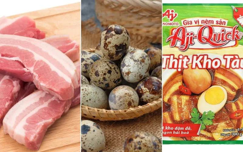 Nguyên liệu tươi ngon làm thịt kho tàu với gói gia vị, bao gồm thịt ba rọi và trứng cút