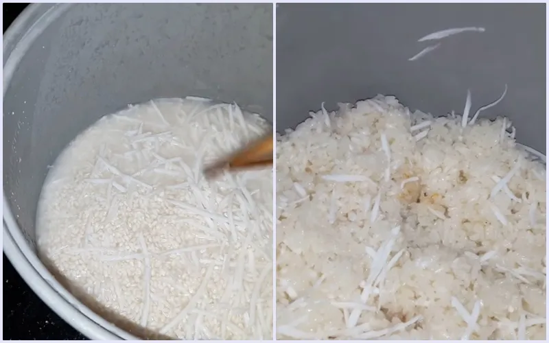 Gạo nếp đã trộn được cho vào nồi cơm điện để nấu