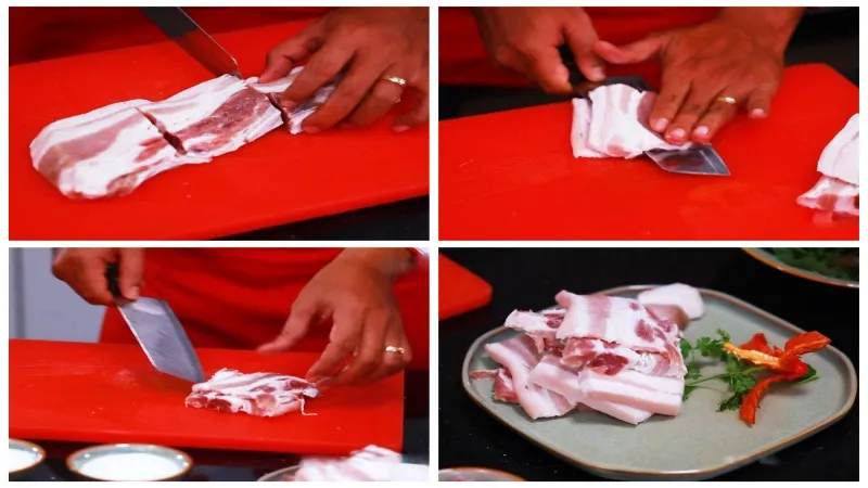 Thịt ba chỉ được thái lát đều tay giúp gia vị thấm sâu vào từng thớ thịt