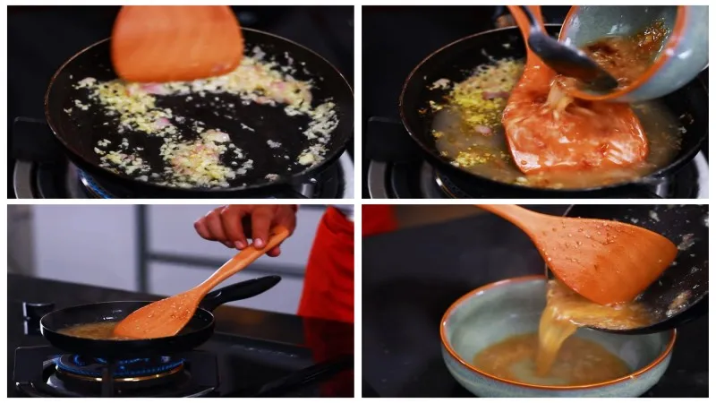 Nấu nước sốt trên bếp giúp hương vị tỏi và hành tím dậy mùi thơm đặc trưng