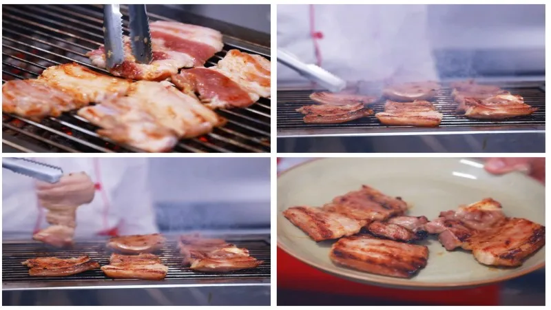 Nướng thịt trên than hồng giúp miếng thịt ba chỉ có màu sắc và hương vị tuyệt hảo