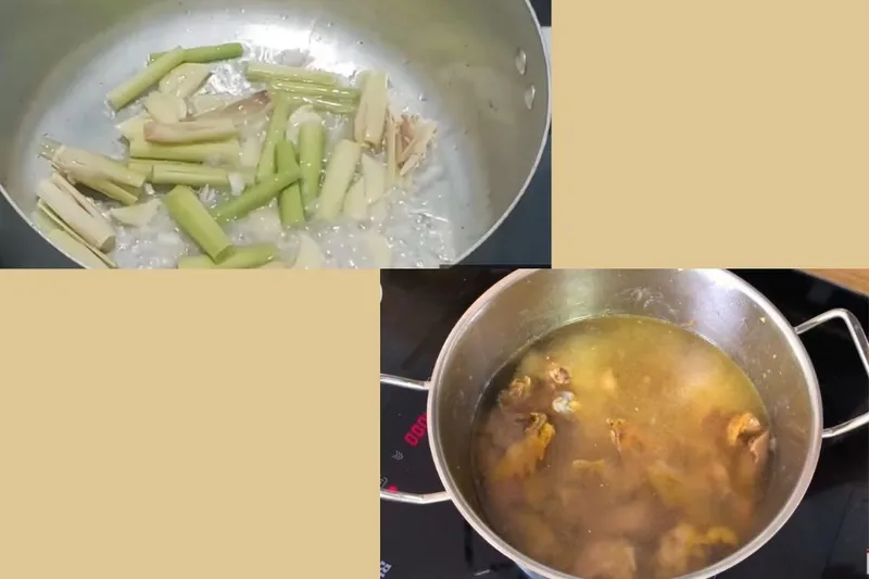 Khi các nguyên liệu dậy mùi thơm thì cho nước dùng đã ninh trước đó vào