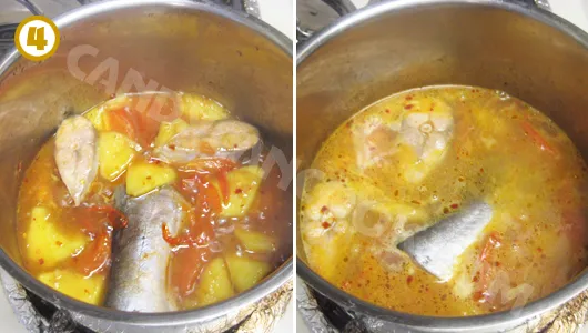 Cho cá và rau vào nấu