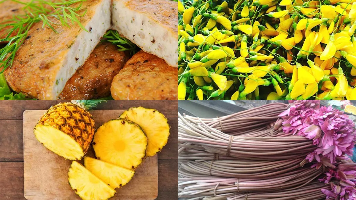 Nguyên liệu làm canh chua chả cá gồm chả cá, khóm, bông điên điển và rau thơm