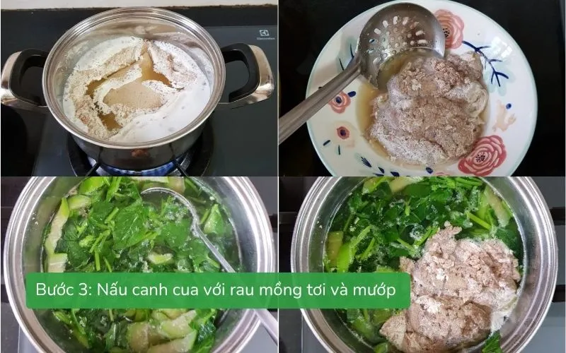 Nấu canh cua với rau mồng tơi và mướp