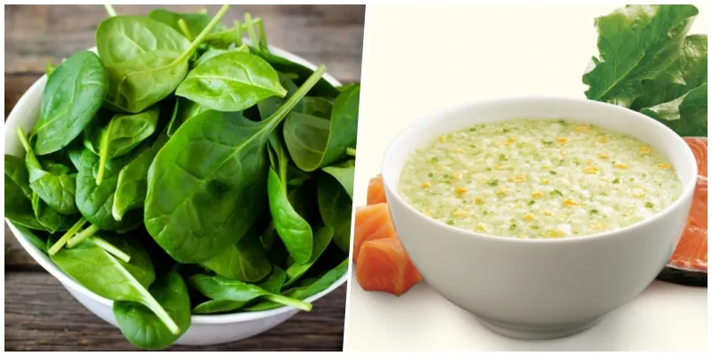 Tô cháo cá hồi cải bó xôi có màu xanh bắt mắt và giàu sắt cho trẻ