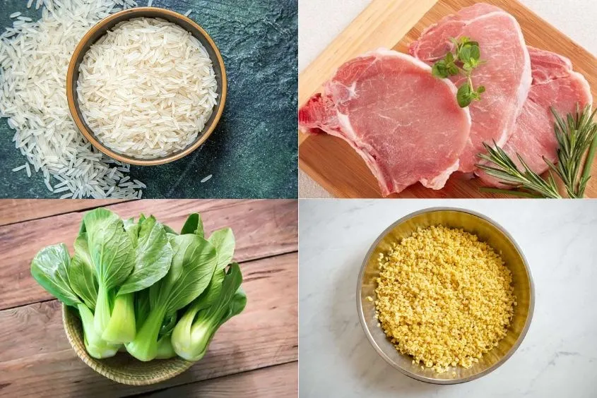 Cháo thịt heo đậu xanh cho bé kết hợp rau cải xanh giàu chất xơ