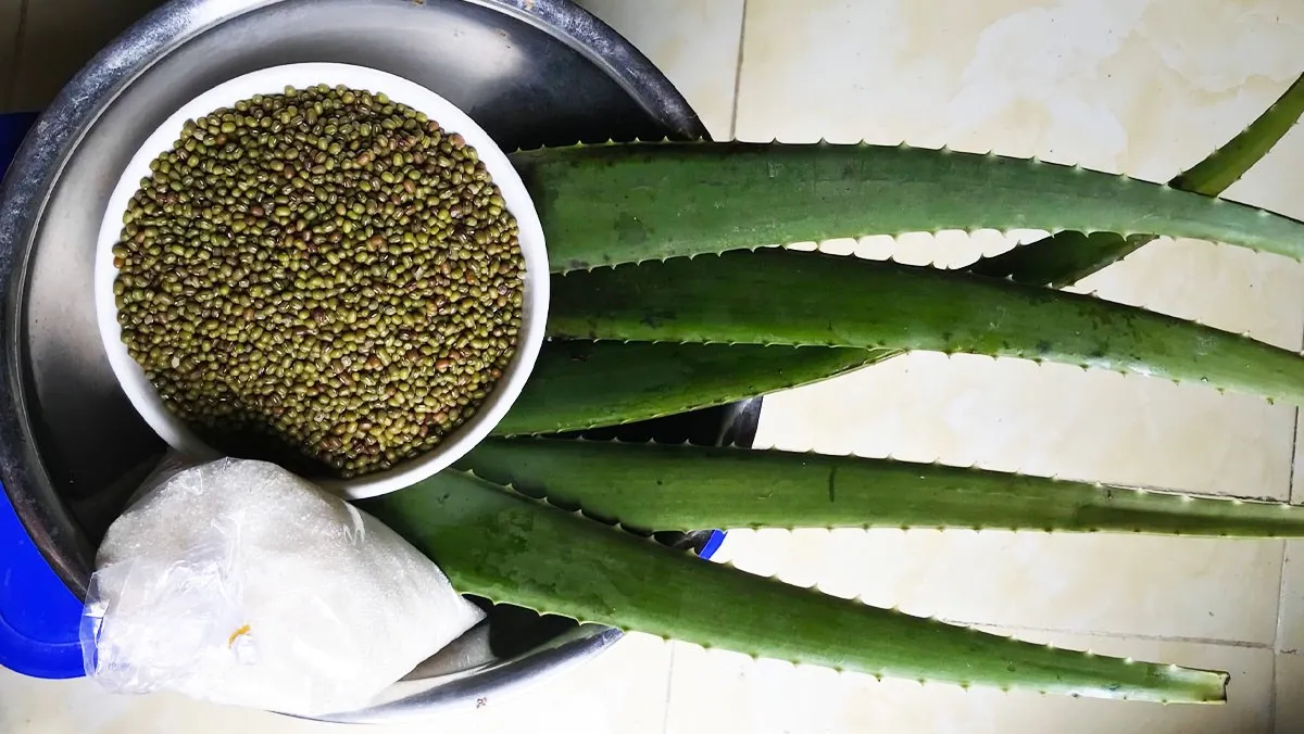 Nguyên liệu món chè đậu xanh nha đam bao gồm đậu xanh, nha đam, đường, muối