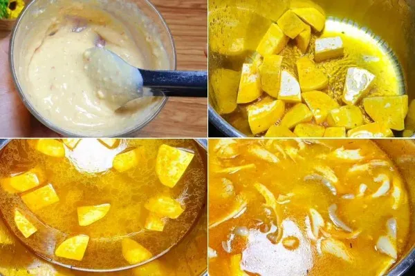 Hoàn thành nồi lẩu chao chay thơm ngon với khoai môn