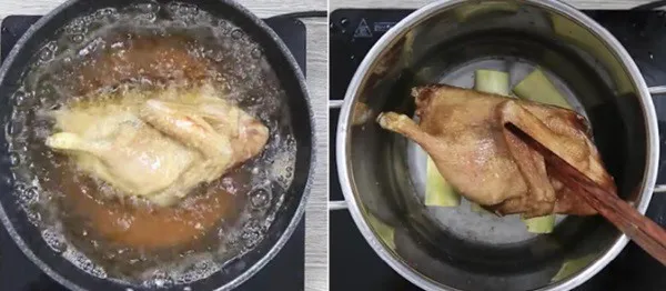 Chiên sơ vịt nguyên con trước khi tiềm thuốc bắc