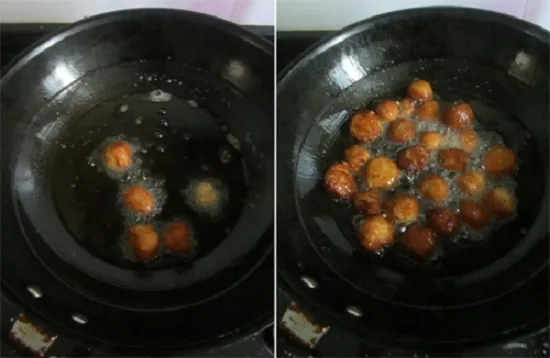 Thịt viên được chiên ngập dầu để tạo lớp vỏ ngoài vàng rụm bắt mắt