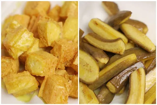 Chuối và đậu sau khi chiên xong vàng giòn