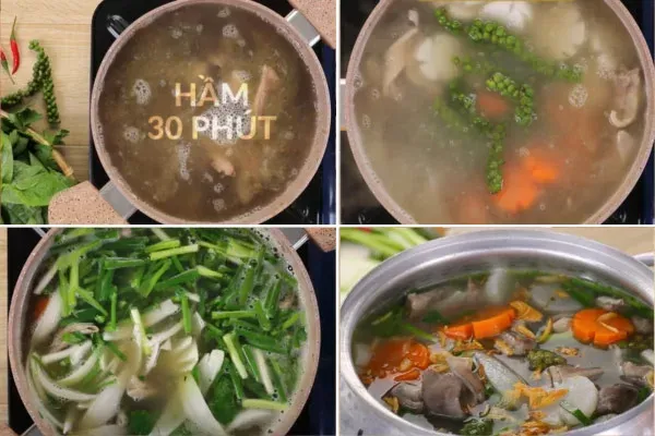 Các công đoạn hầm bao tử với củ sen, củ cải trắng và tiêu xanh