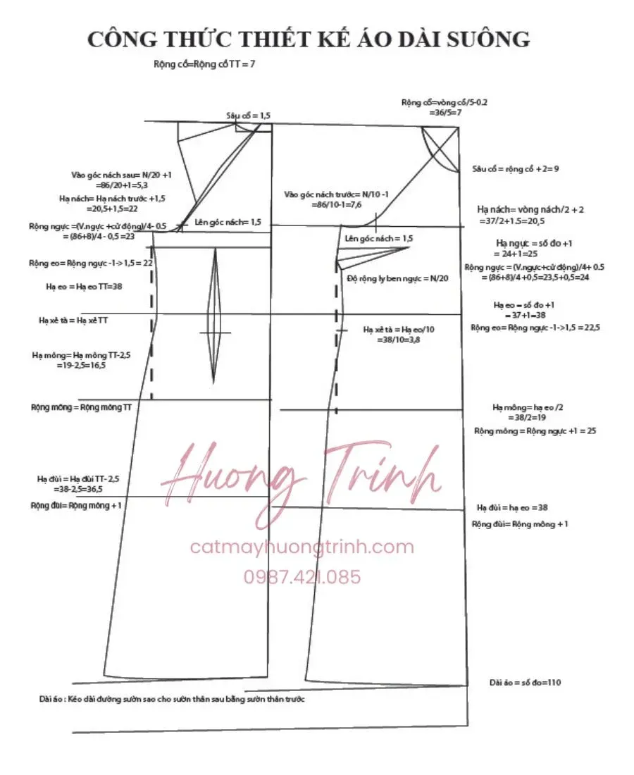 Bản vẽ chi tiết công thức may áo dài chuẩn cho thân trước và thân sau