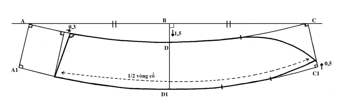 Sơ đồ vẽ chi tiết cổ đứng cho áo dài suông