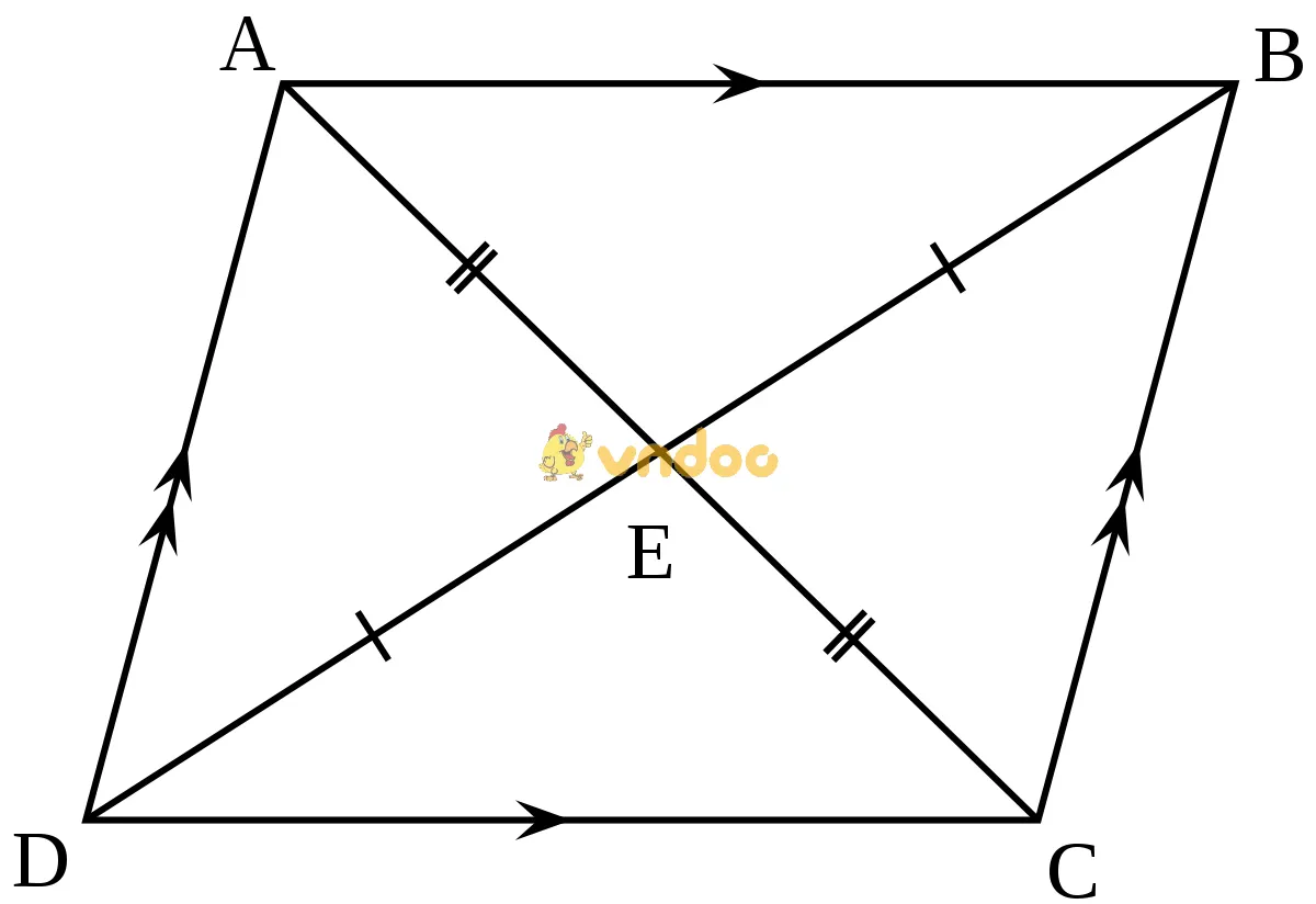 Sơ đồ minh họa đường chéo hình bình hành ABCD với giao điểm O, thể hiện tính chất cắt nhau tại trung điểm
