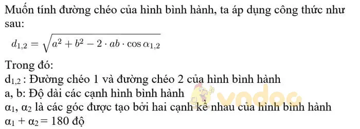 Công thức tính đường chéo hình bình hành được biểu diễn bằng ký hiệu toán học với các cạnh a, b và đường chéo d