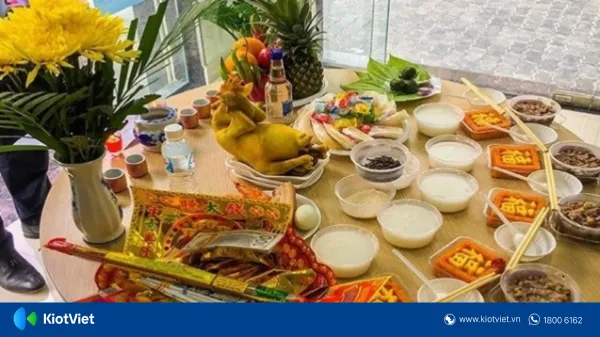 Mâm cúng khai trương quán ăn với đầy đủ lễ vật