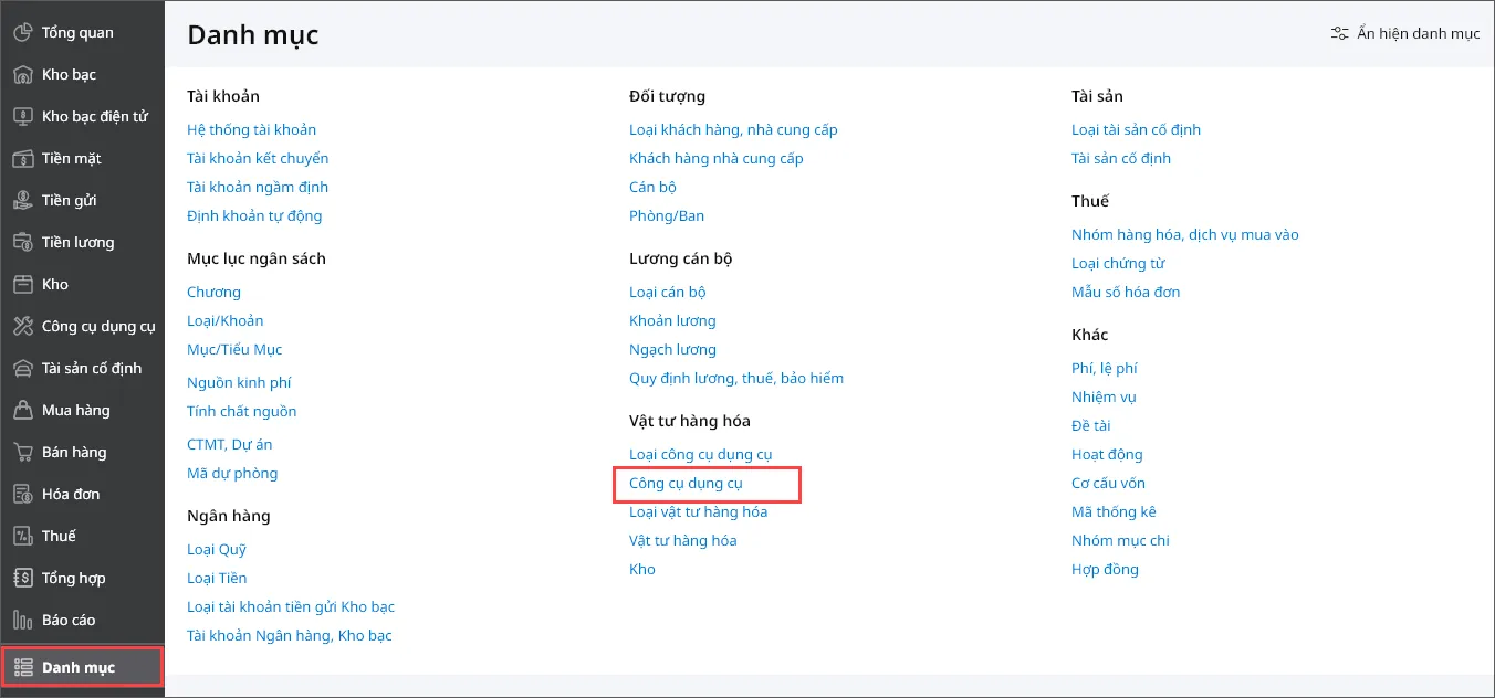 Giao diện danh mục công cụ dụng cụ trên MISA Mimosa Online