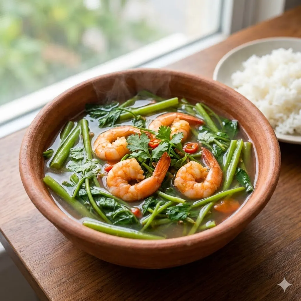 Tô canh chua rau muống tôm tươi với màu xanh tươi mát và tôm hồng bắt mắt