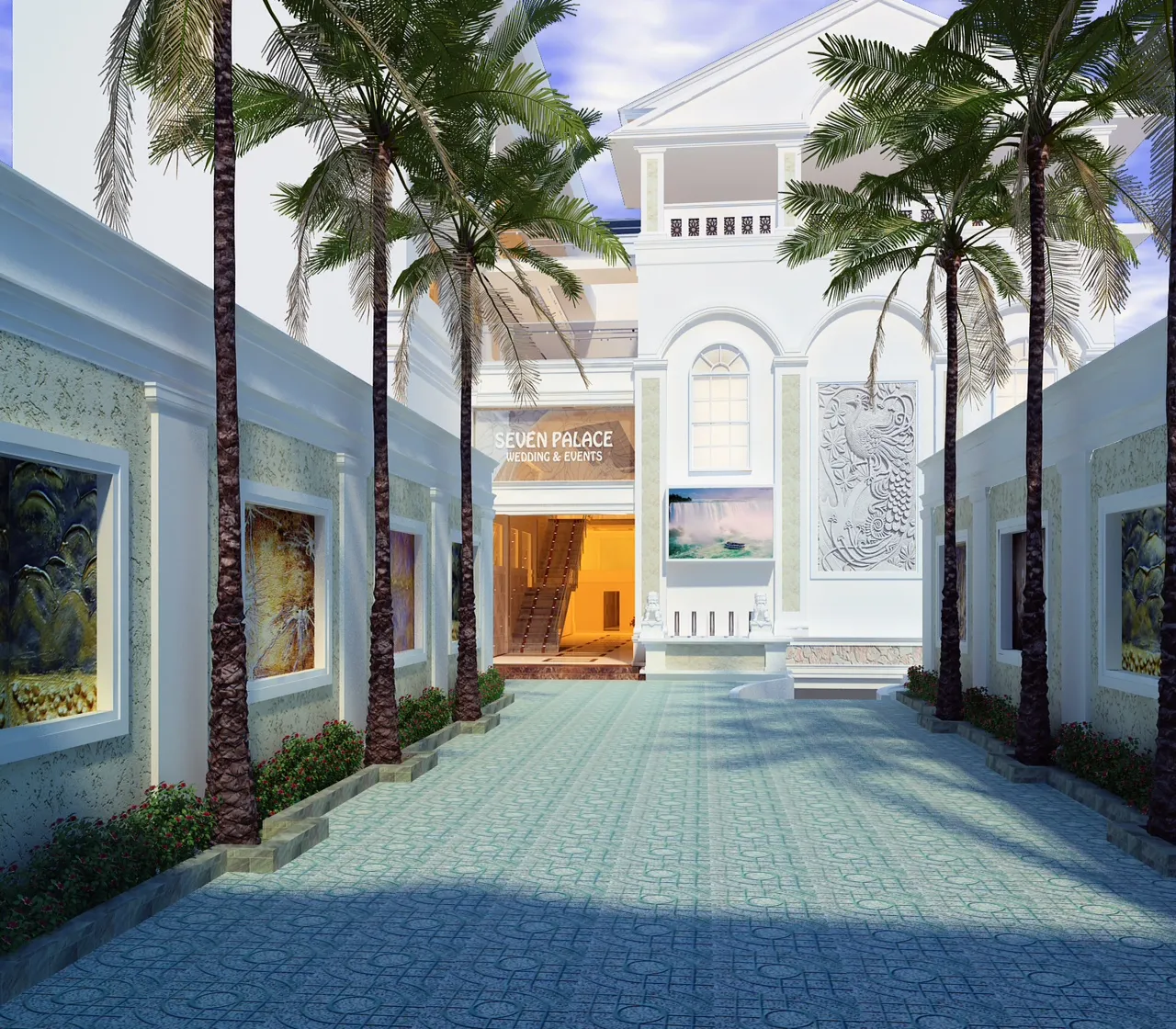 Không gian sảnh tiệc chính được trang trí sang trọng với đèn chùm pha lê