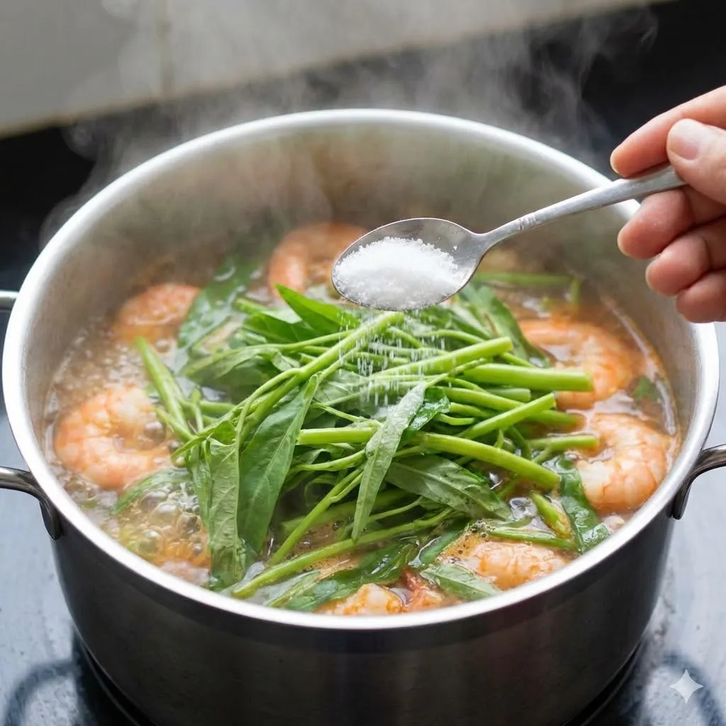 Cho rau muống vào nồi nước dùng đang sôi để giữ màu xanh và độ giòn