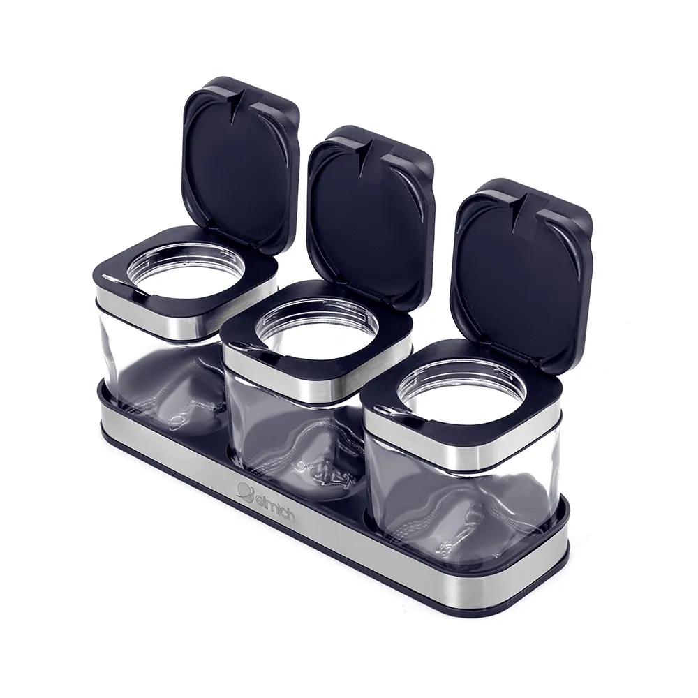 Bộ lọ đựng gia vị thủy tinh trong suốt giúp đầu bếp dễ dàng nhận diện và phân loại nguyên liệu một cách khoa học